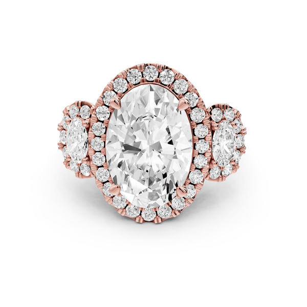 Iris - 5ct 18k rose gold Three stone oval Halo engagement ring - Mr. Alex Jewelry
