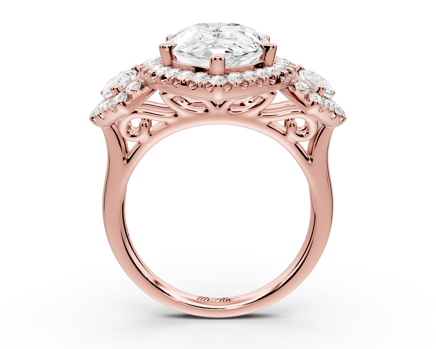 Iris - 5ct 18k rose gold Three stone pear Halo engagement ring - Mr. Alex Jewelry