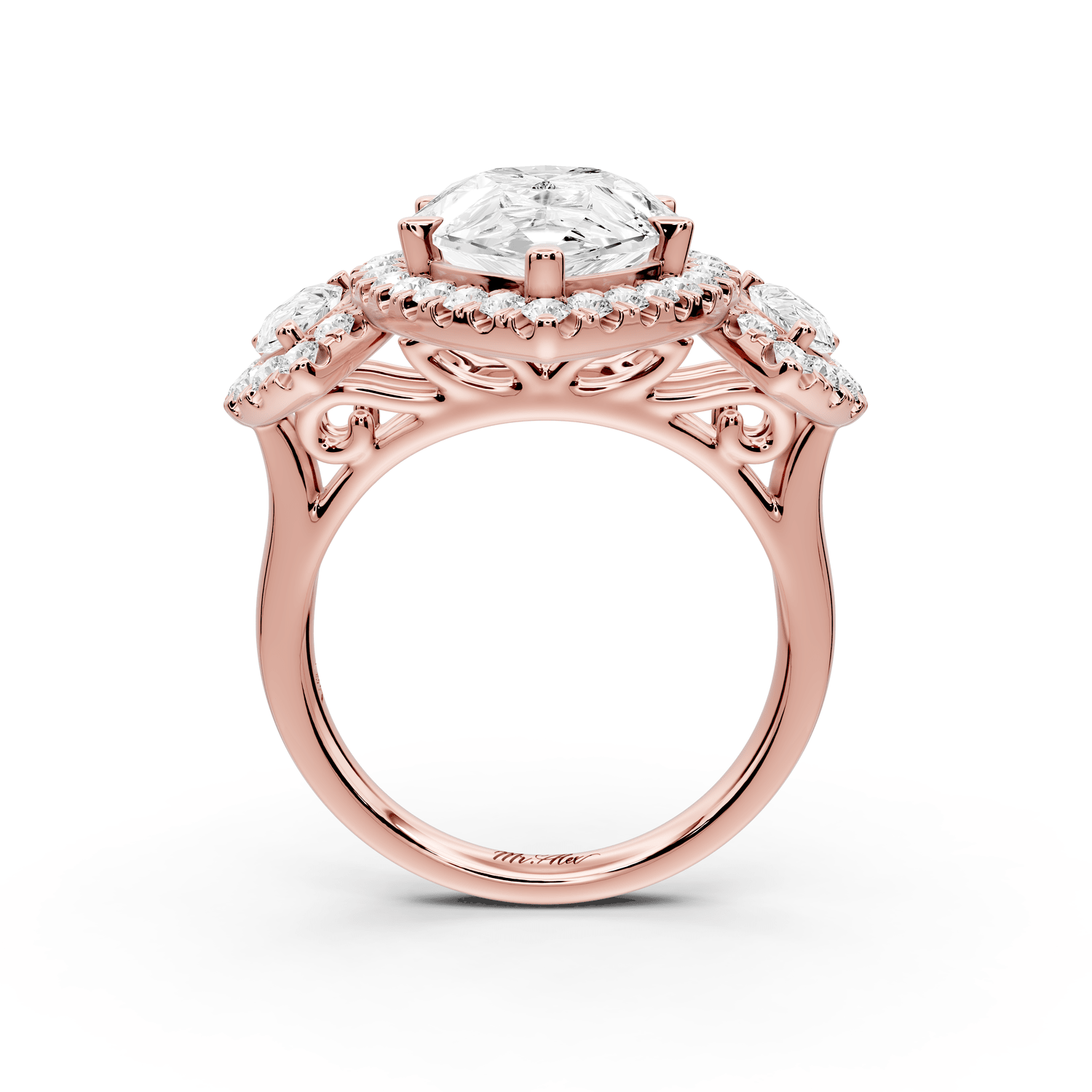 Iris - 5ct 18k rose gold Three stone pear Halo engagement ring - Mr. Alex Jewelry