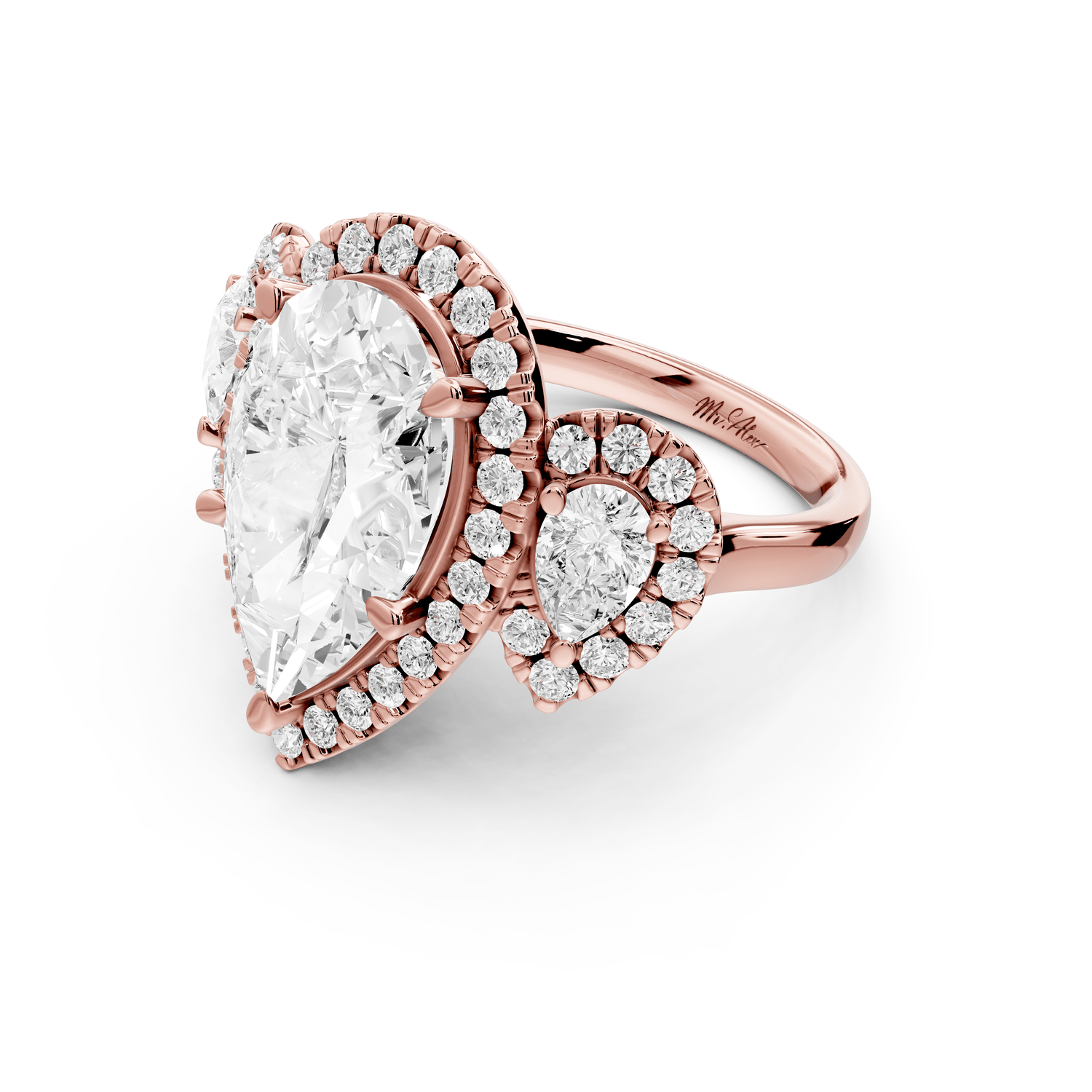 Iris - 5ct 18k rose gold Three stone pear Halo engagement ring - Mr. Alex Jewelry