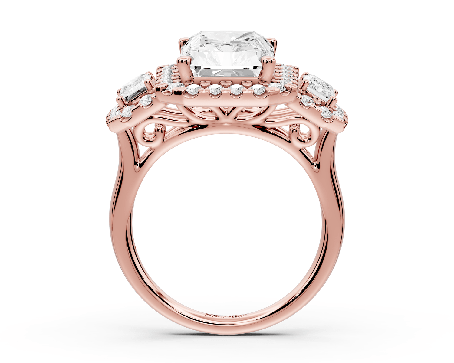 Iris - 5ct 18k rose gold Three stone radiant Halo engagement ring - Mr. Alex Jewelry