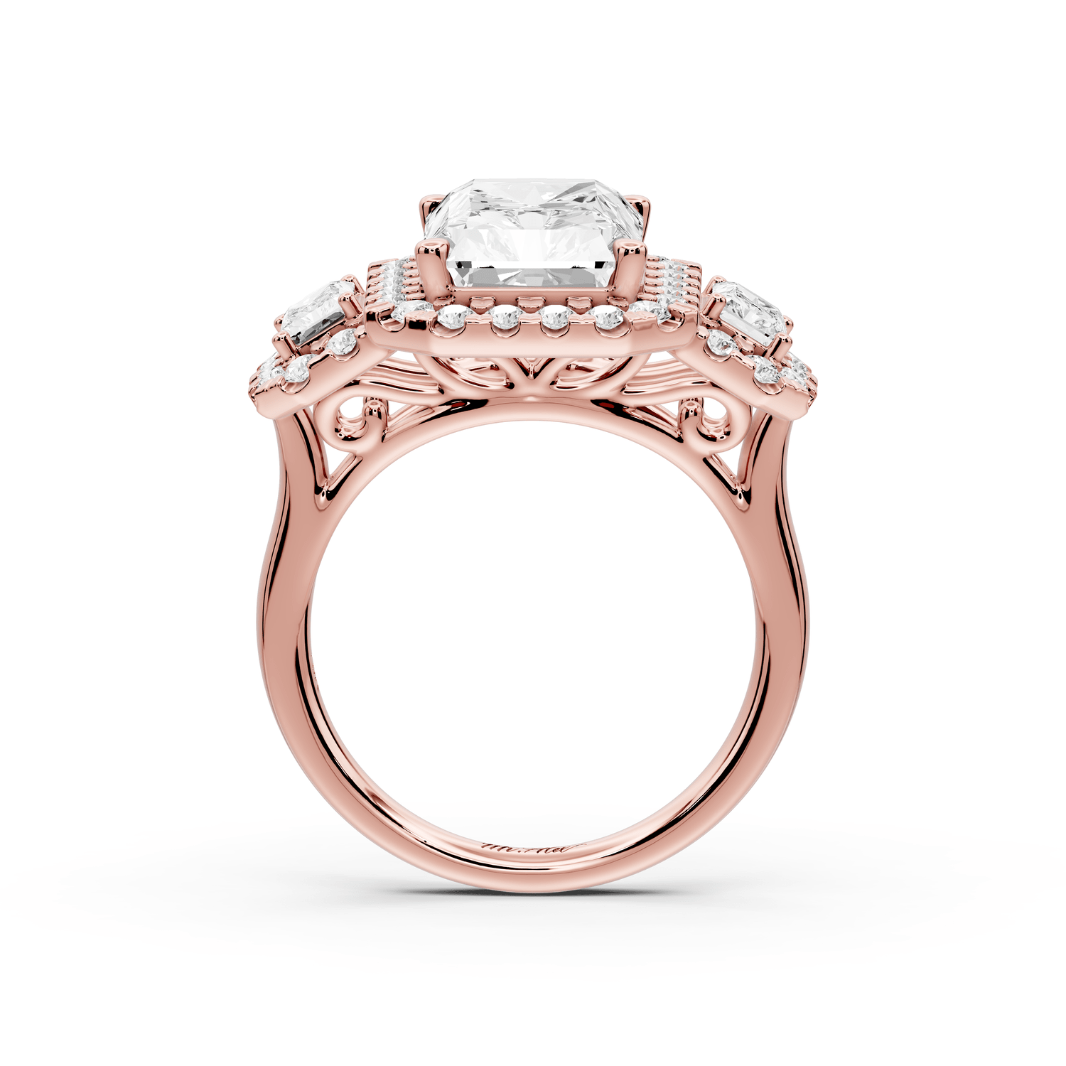 Iris - 5ct 18k rose gold Three stone radiant Halo engagement ring - Mr. Alex Jewelry