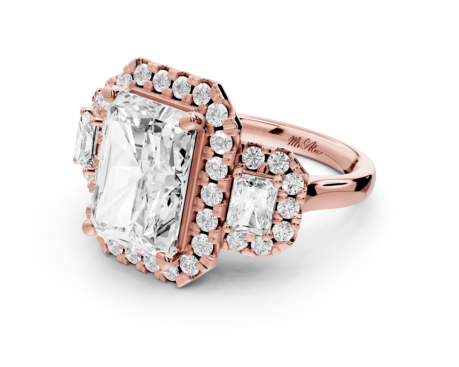 Iris - 5ct 18k rose gold Three stone radiant Halo engagement ring - Mr. Alex Jewelry
