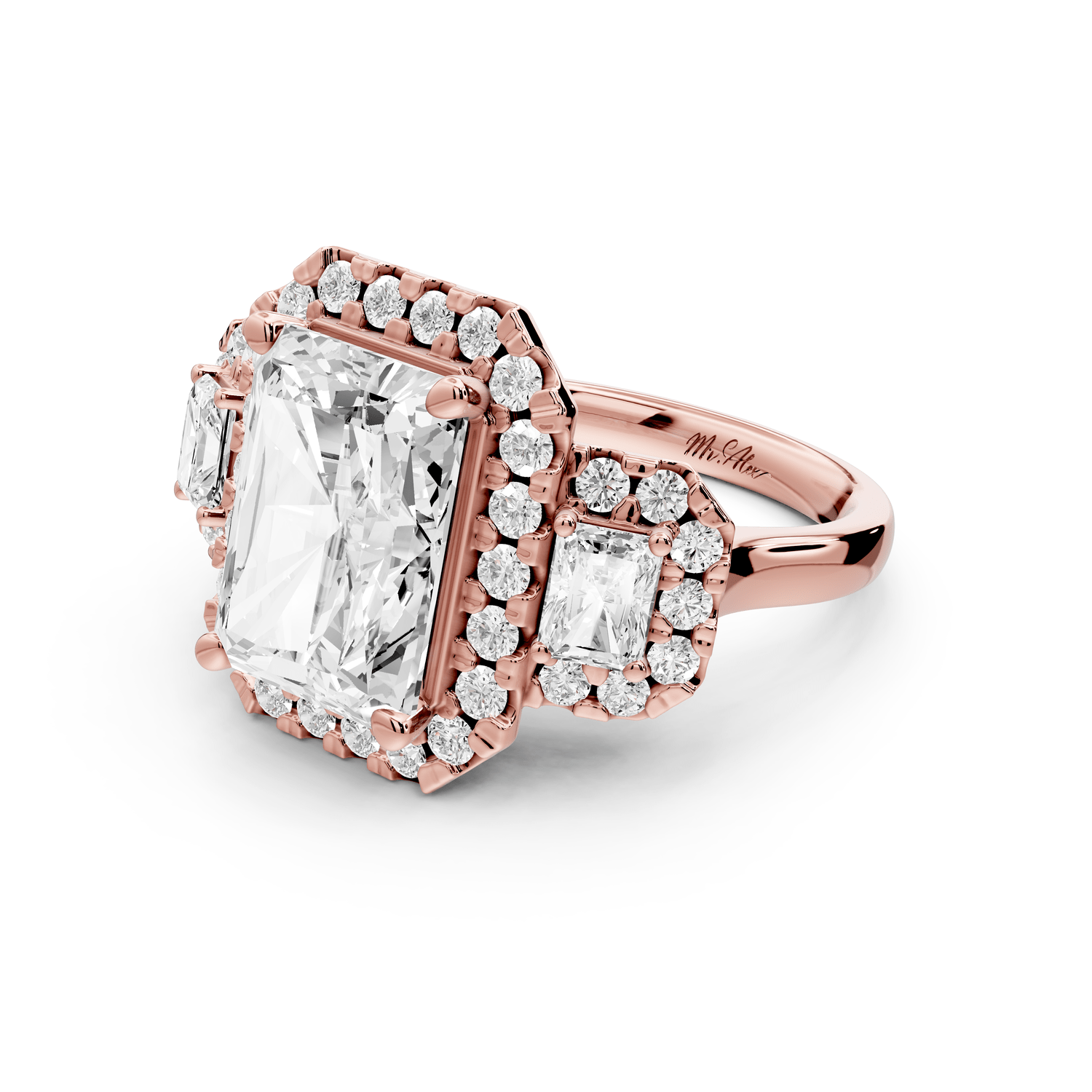 Iris - 5ct 18k rose gold Three stone radiant Halo engagement ring - Mr. Alex Jewelry