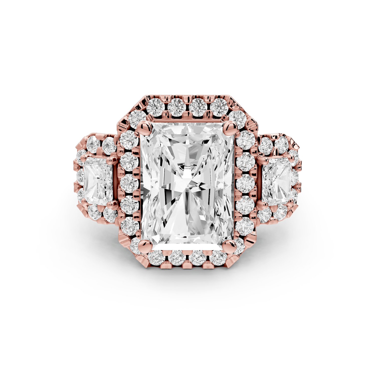 Iris - 5ct 18k rose gold Three stone radiant Halo engagement ring - Mr. Alex Jewelry