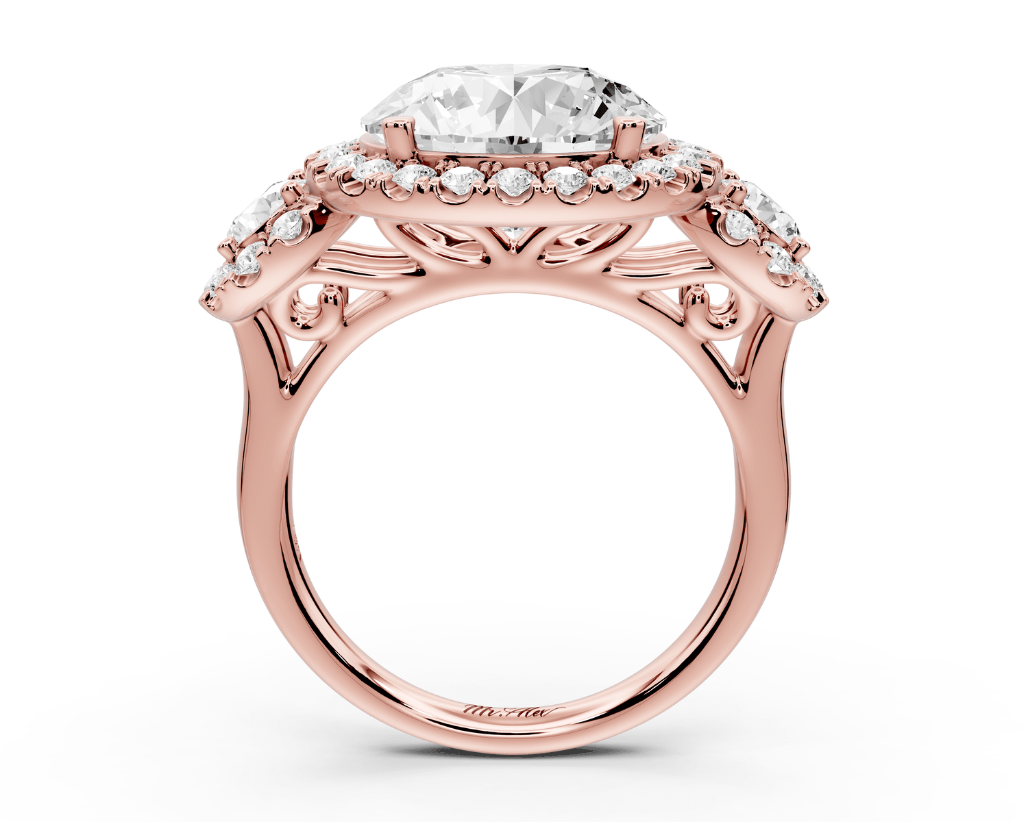 Iris - 5ct 18k rose gold Three stone round Halo engagement ring - Mr. Alex Jewelry