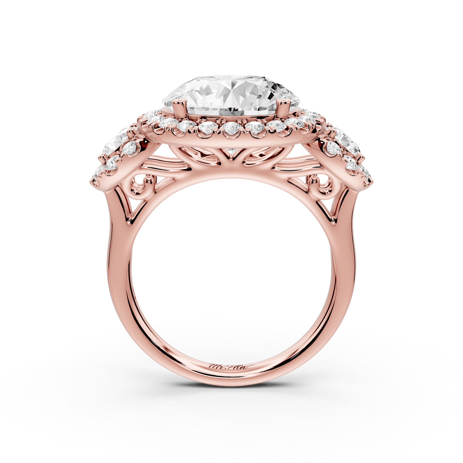 Iris - 5ct 18k rose gold Three stone round Halo engagement ring - Mr. Alex Jewelry