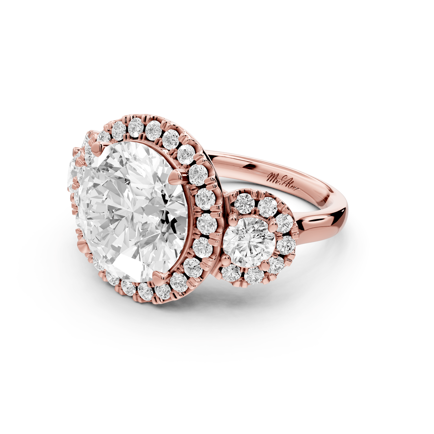 Iris - 5ct 18k rose gold Three stone round Halo engagement ring - Mr. Alex Jewelry