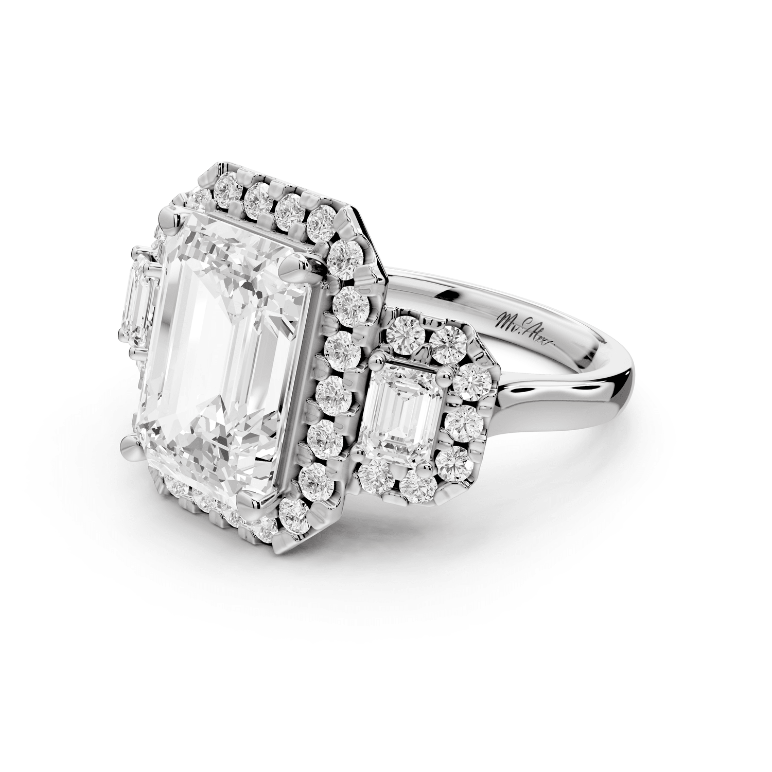 Iris - 5ct 18k white gold Three stone emerald Halo engagement ring - Mr. Alex Jewelry