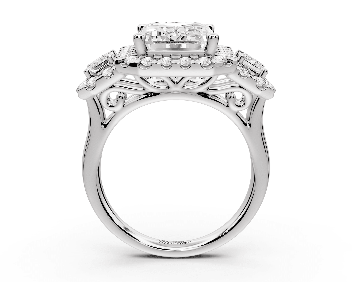 Iris - 5ct 18k white gold Three stone emerald Halo engagement ring - Mr. Alex Jewelry