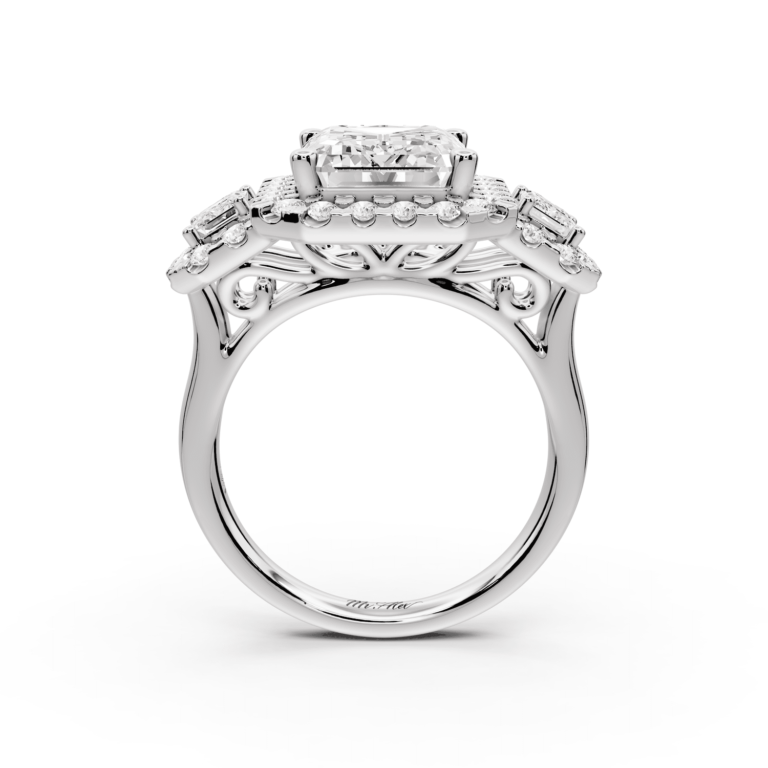Iris - 5ct 18k white gold Three stone emerald Halo engagement ring - Mr. Alex Jewelry