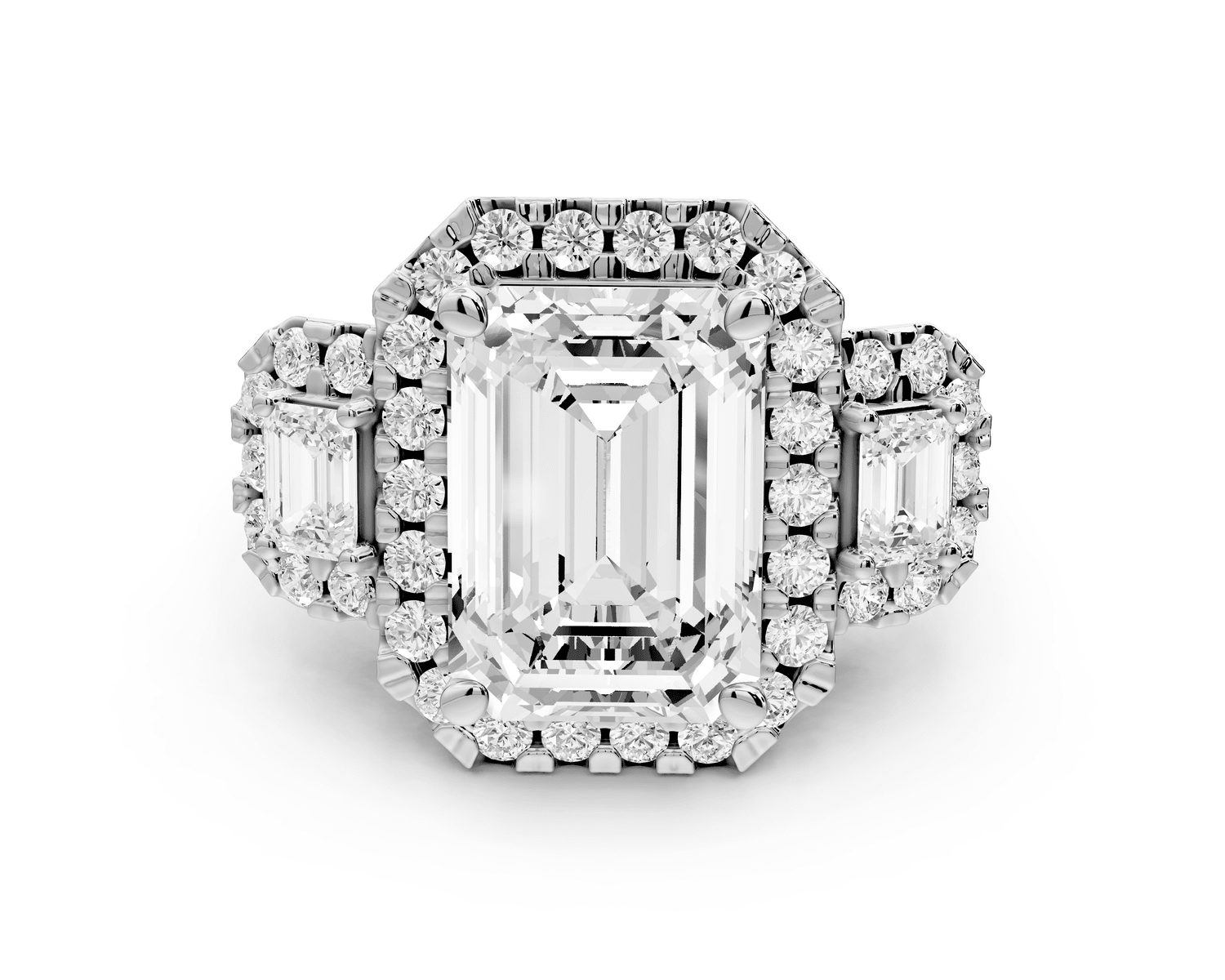 Iris - 5ct 18k white gold Three stone emerald Halo engagement ring - Mr. Alex Jewelry