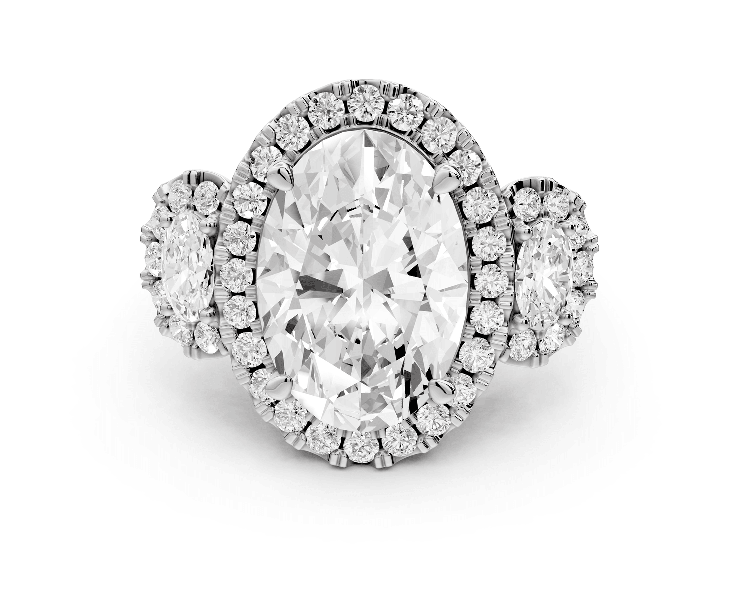 Iris - 5ct 18k white gold Three stone oval Halo engagement ring - Mr. Alex Jewelry