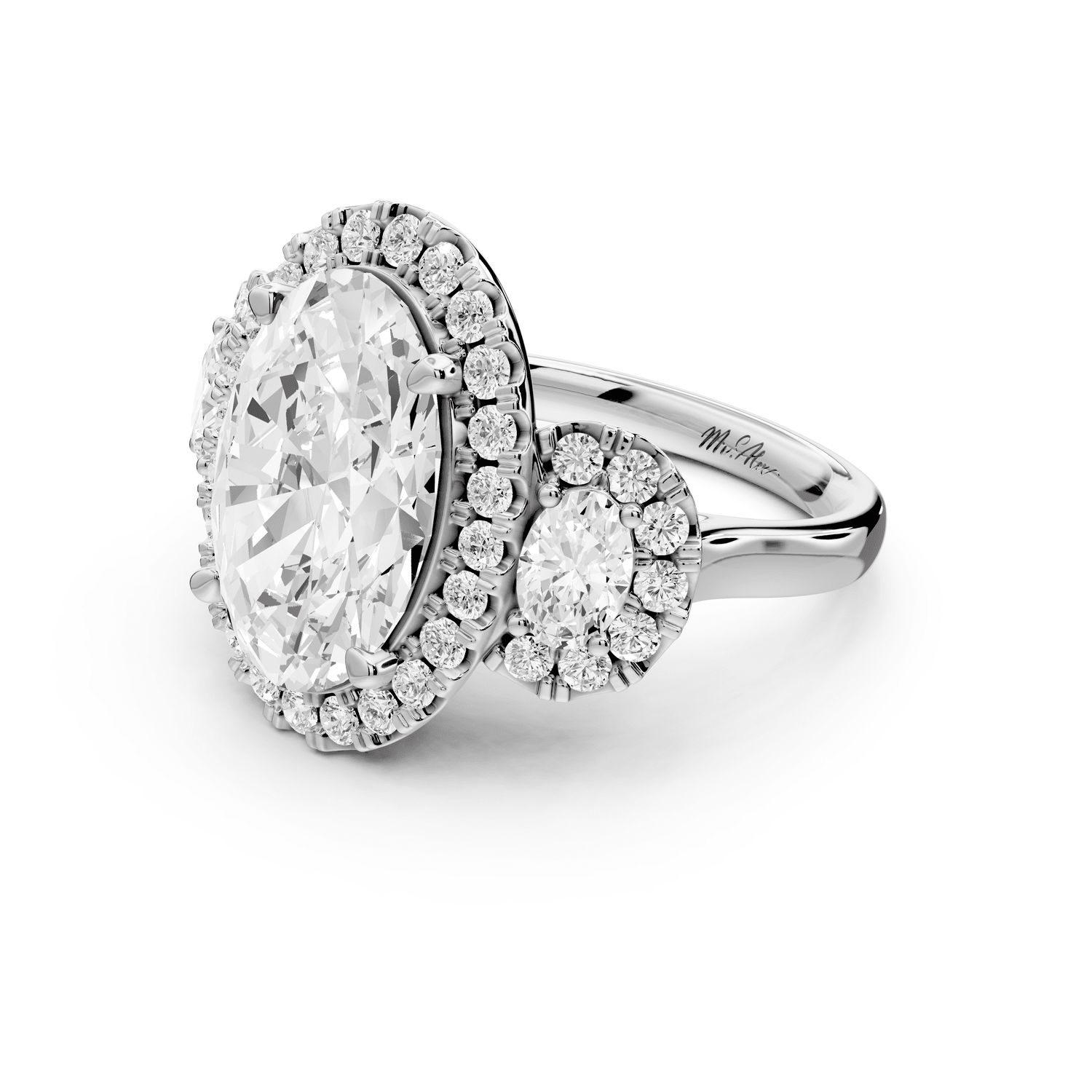 Iris - 5ct 18k white gold Three stone oval Halo engagement ring - Mr. Alex Jewelry