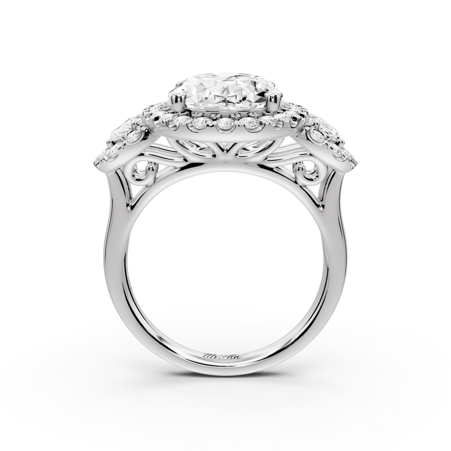 Iris - 5ct 18k white gold Three stone oval Halo engagement ring - Mr. Alex Jewelry