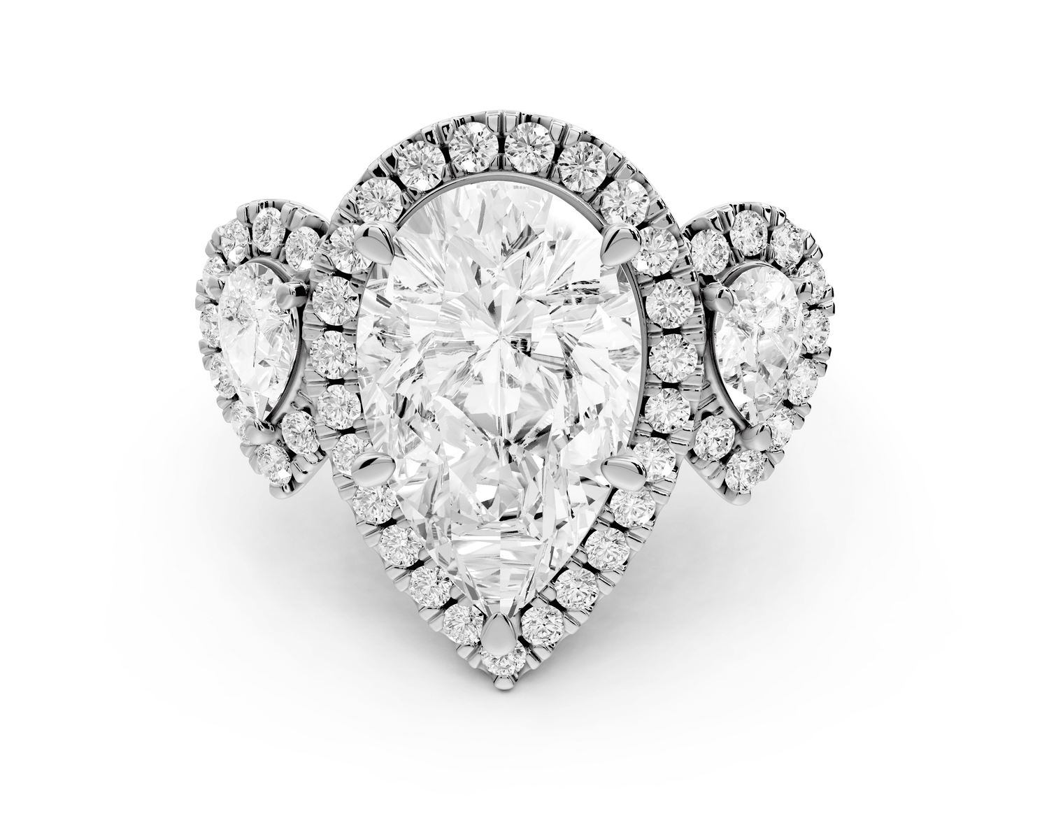 Iris - 5ct 18k white gold Three stone pear Halo engagement ring - Mr. Alex Jewelry