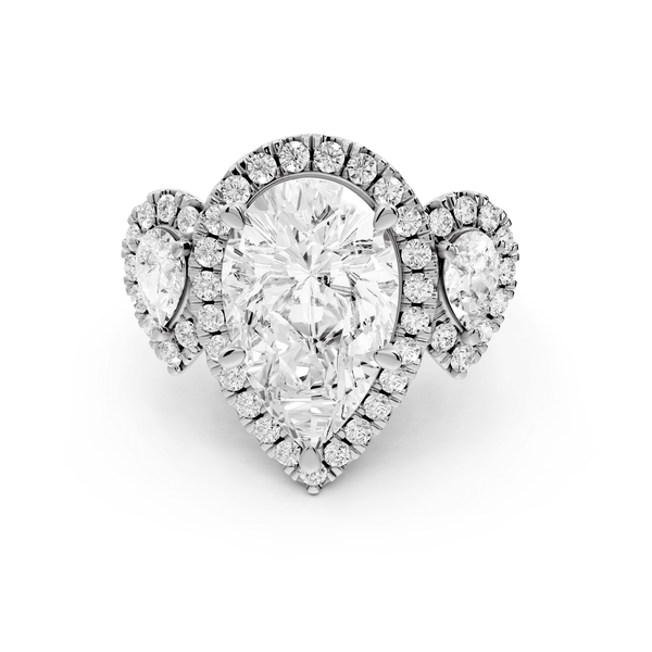 Iris - 5ct 18k white gold Three stone pear Halo engagement ring - Mr. Alex Jewelry
