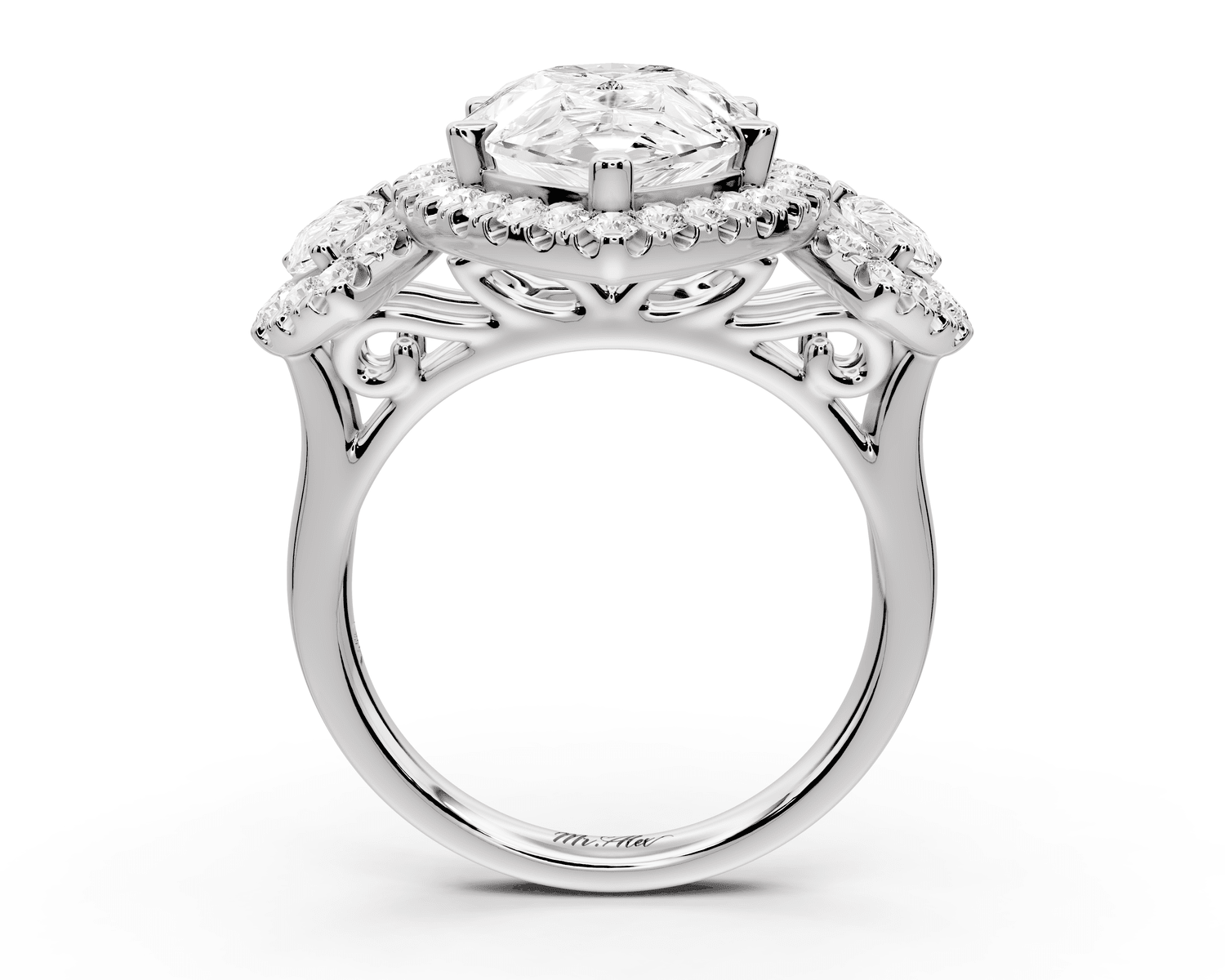 Iris - 5ct 18k white gold Three stone pear Halo engagement ring - Mr. Alex Jewelry