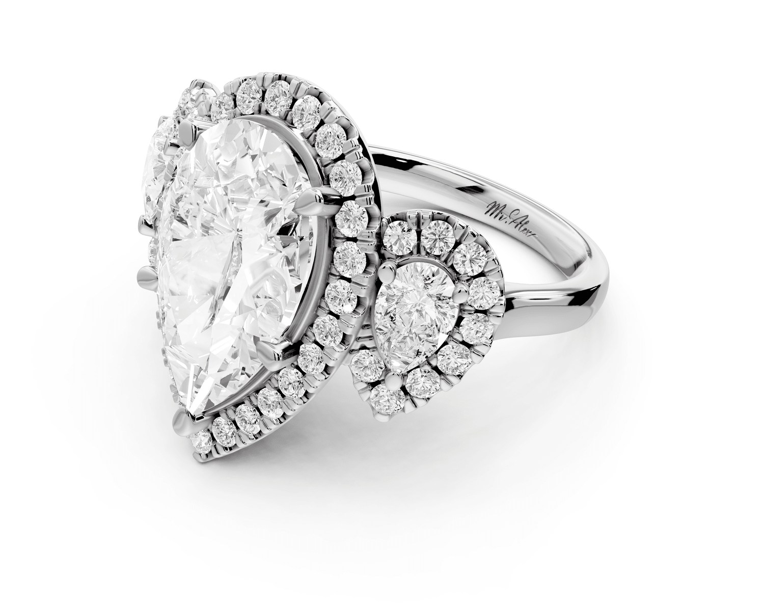 Iris - 5ct 18k white gold Three stone pear Halo engagement ring - Mr. Alex Jewelry