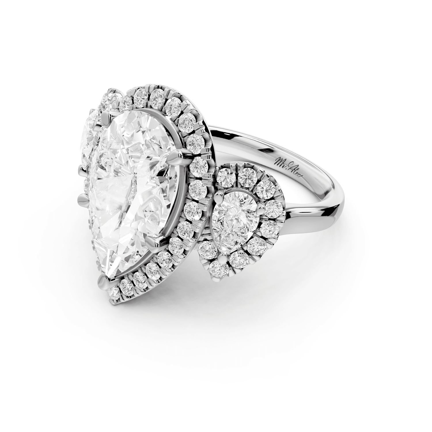 Iris - 5ct 18k white gold Three stone pear Halo engagement ring - Mr. Alex Jewelry