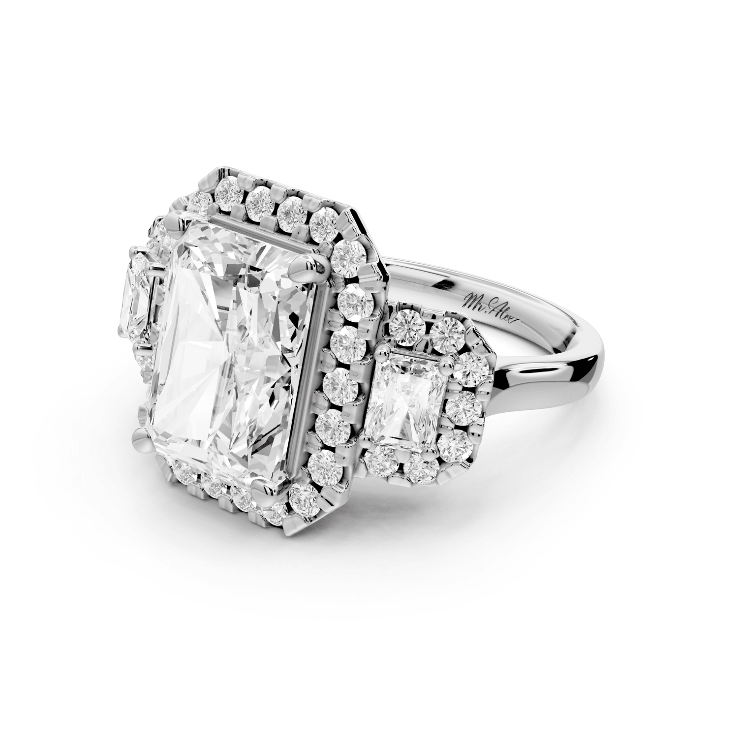 Iris - 5ct 18k white gold Three stone radiant Halo engagement ring - Mr. Alex Jewelry
