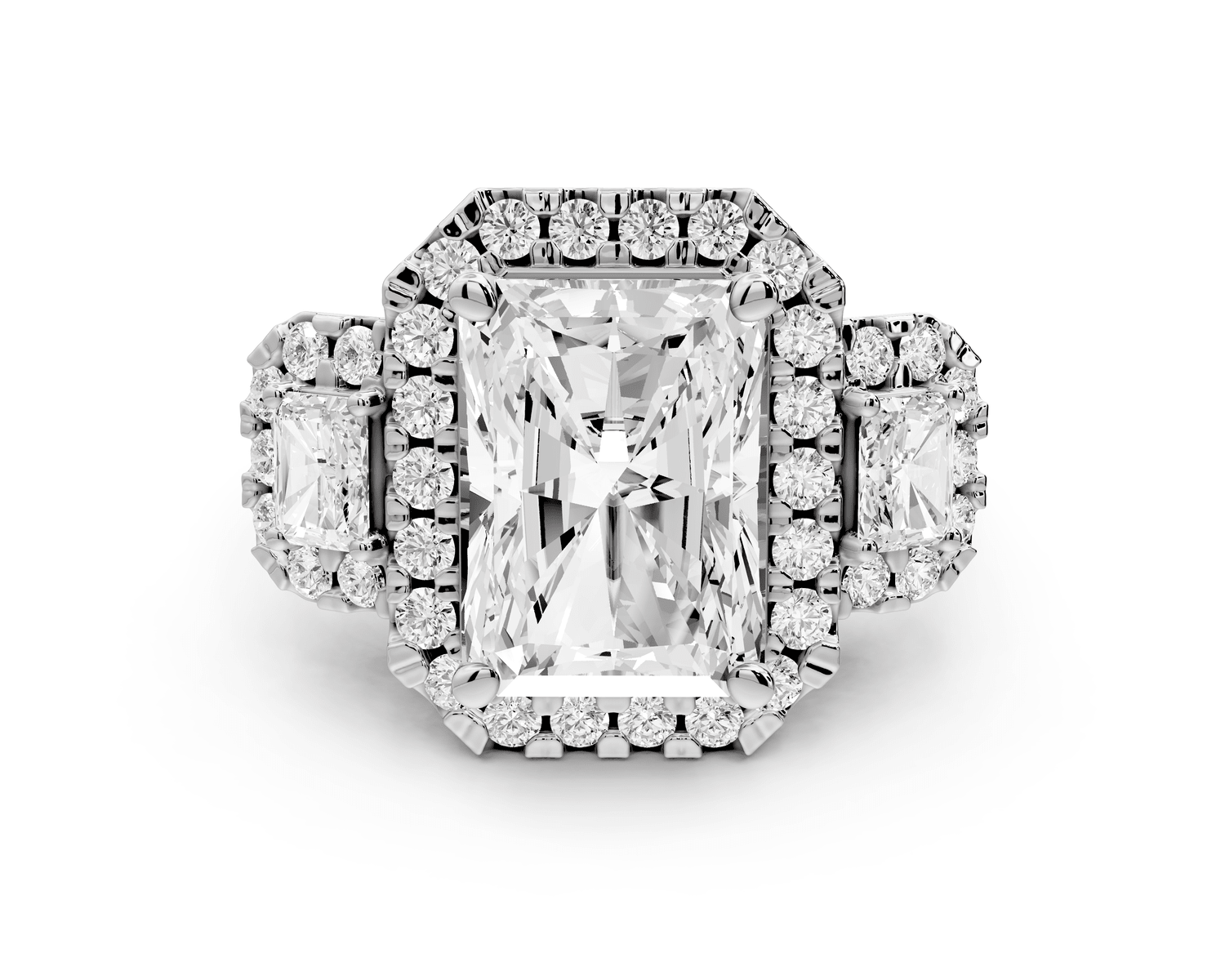 Iris - 5ct 18k white gold Three stone radiant Halo engagement ring - Mr. Alex Jewelry