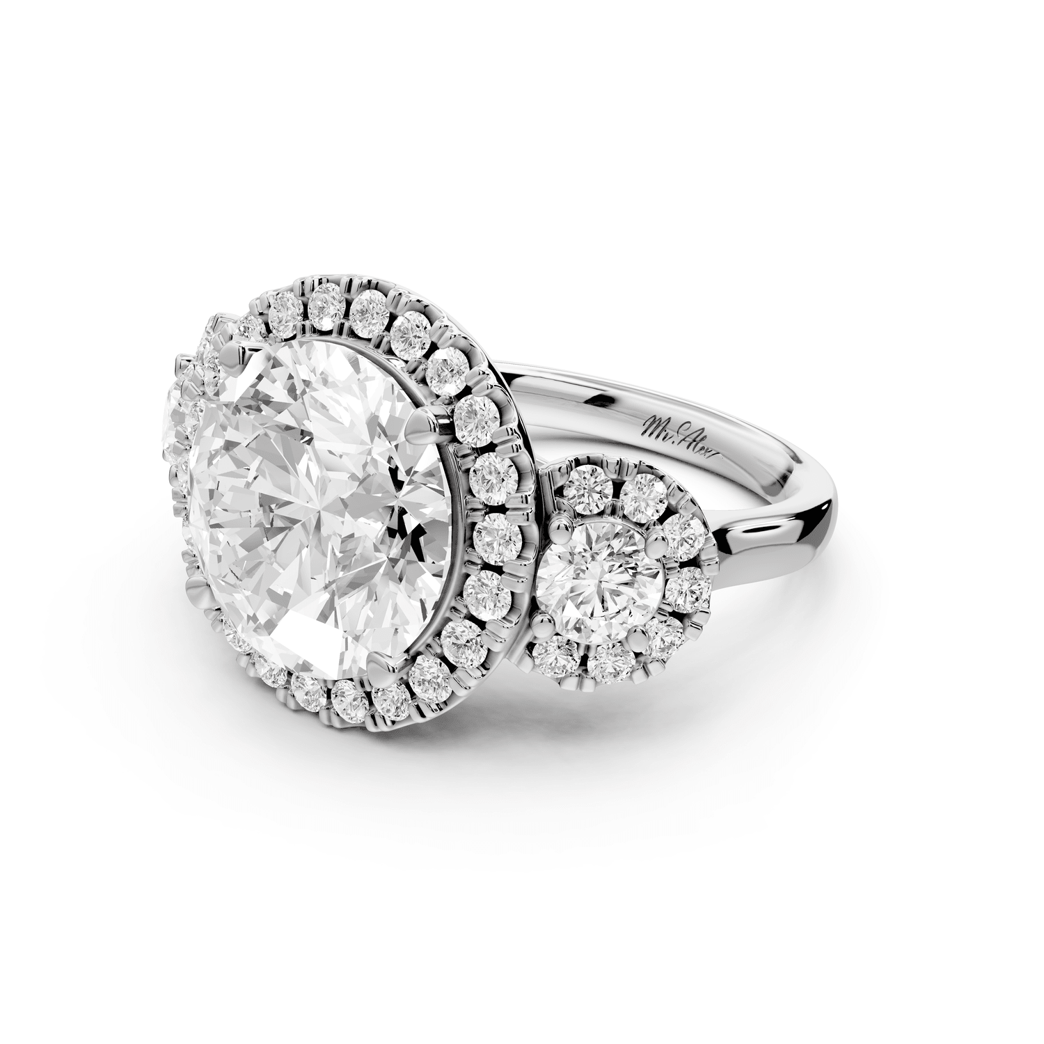 Iris - 5ct 18k white gold Three stone round Halo engagement ring - Mr. Alex Jewelry
