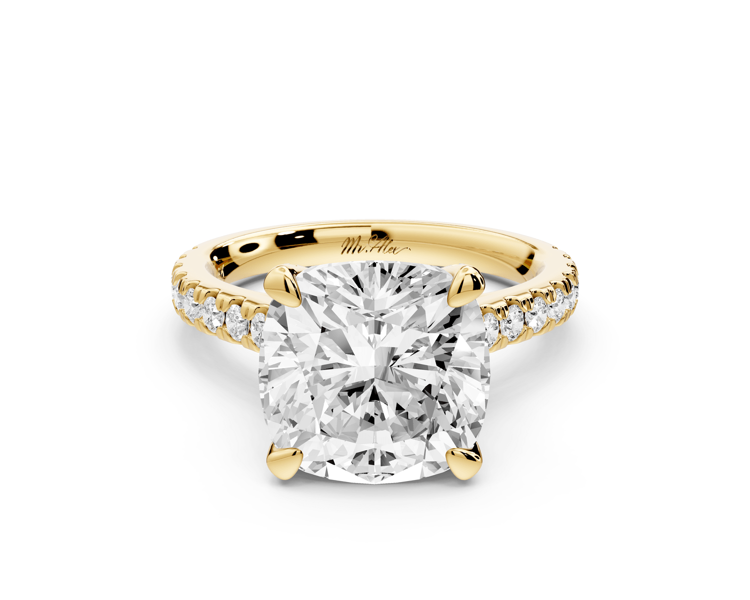 Iris - 5ct 18k yellow gold Three stone cushion Halo engagement ring - Mr. Alex Jewelry