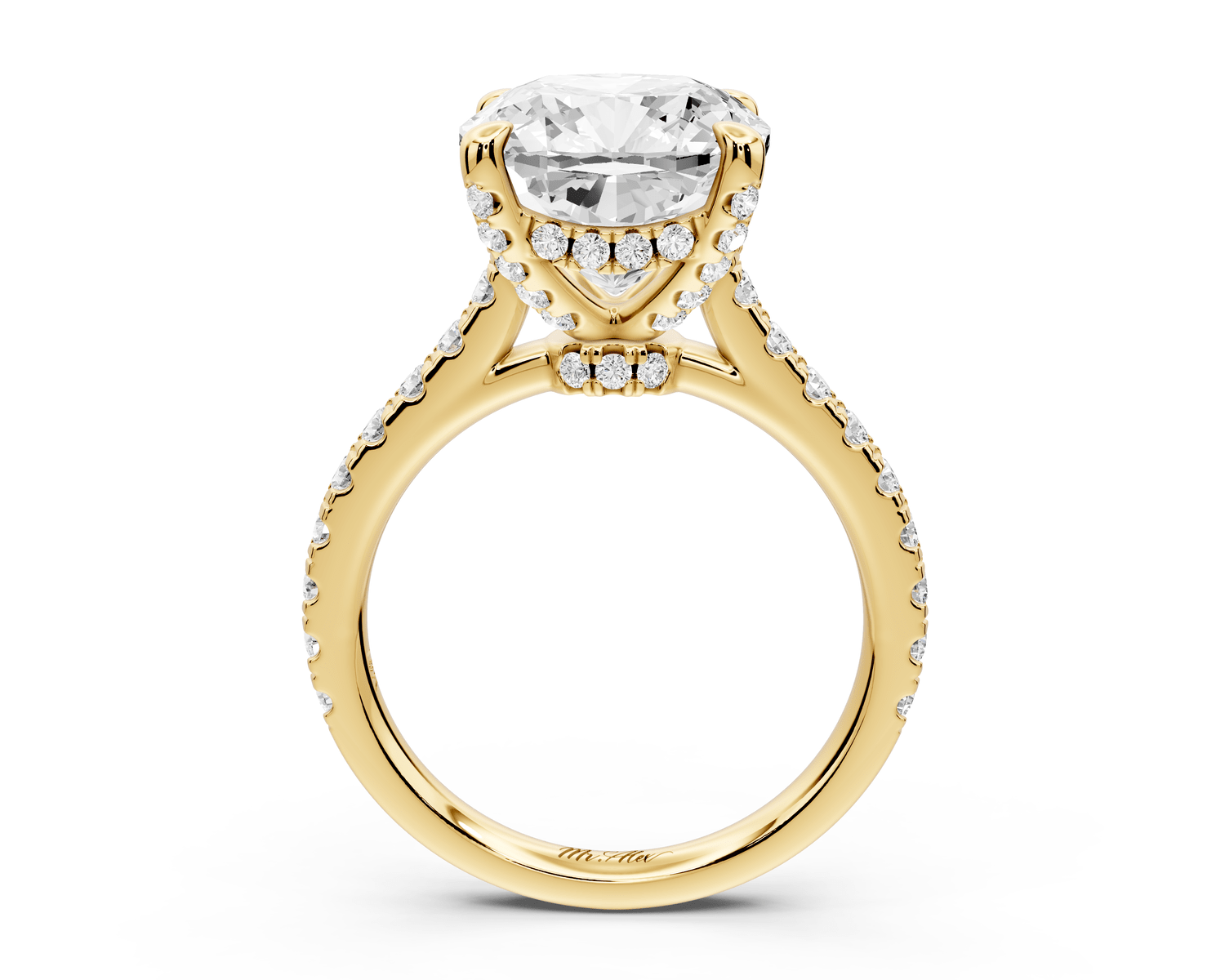 Iris - 5ct 18k yellow gold Three stone cushion Halo engagement ring - Mr. Alex Jewelry
