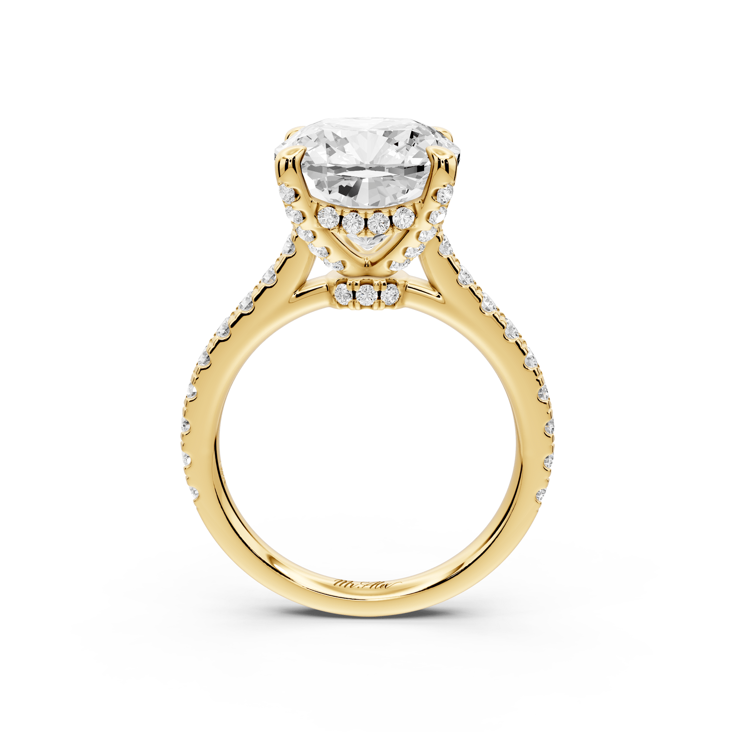 Iris - 5ct 18k yellow gold Three stone cushion Halo engagement ring - Mr. Alex Jewelry