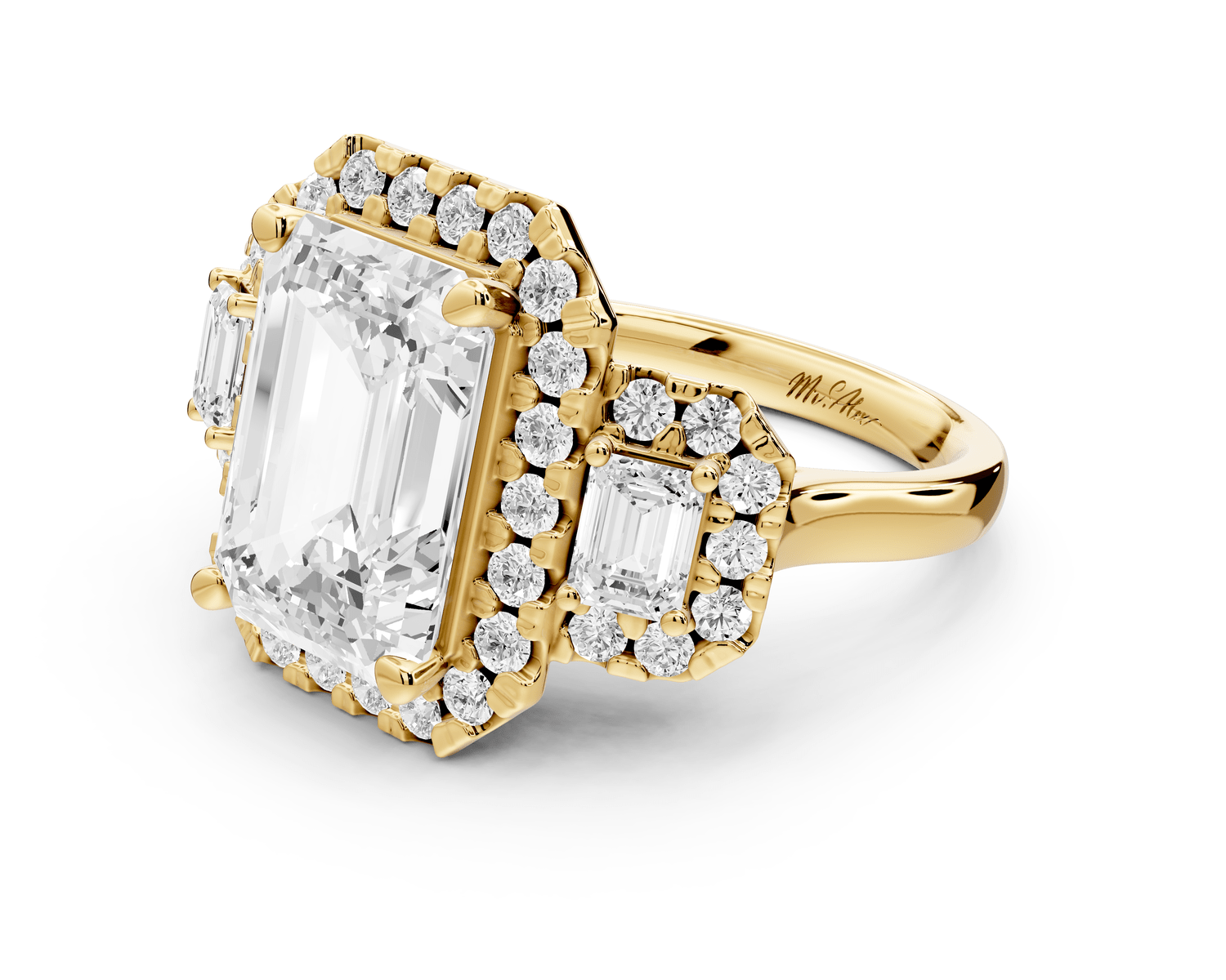 Iris - 5ct 18k yellow gold Three stone emerald Halo engagement ring - Mr. Alex Jewelry
