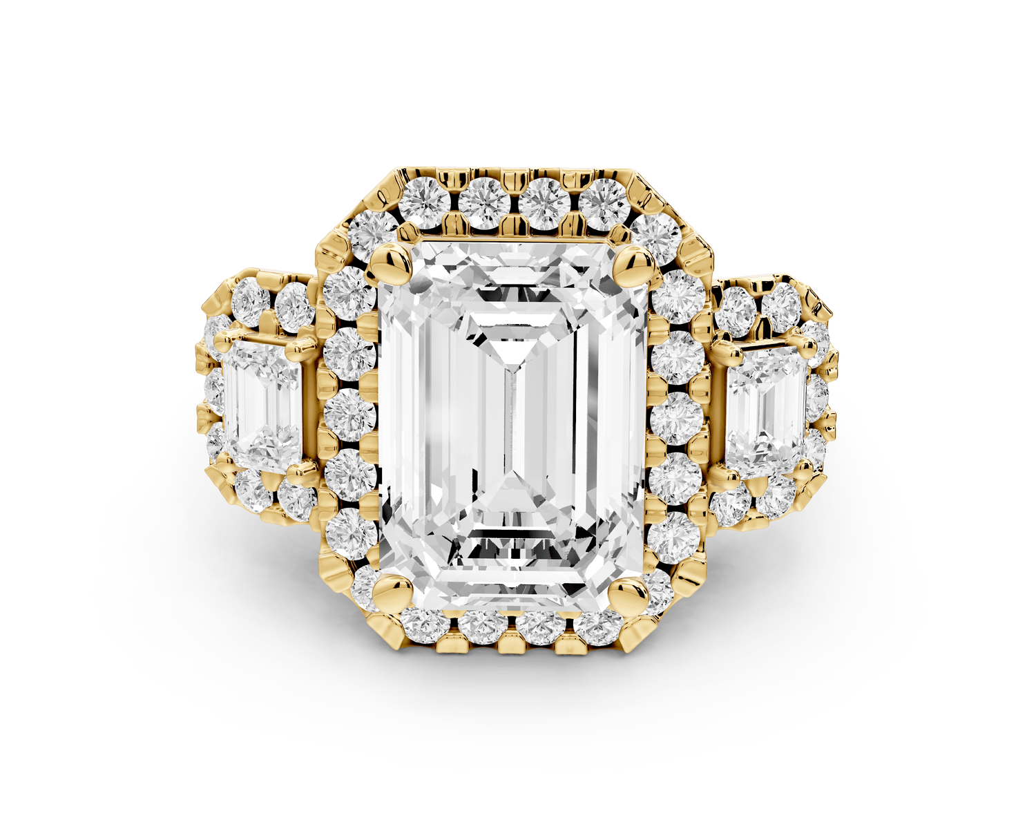 Iris - 5ct 18k yellow gold Three stone emerald Halo engagement ring - Mr. Alex Jewelry