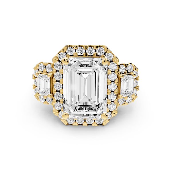 Iris - 5ct 18k yellow gold Three stone emerald Halo engagement ring - Mr. Alex Jewelry