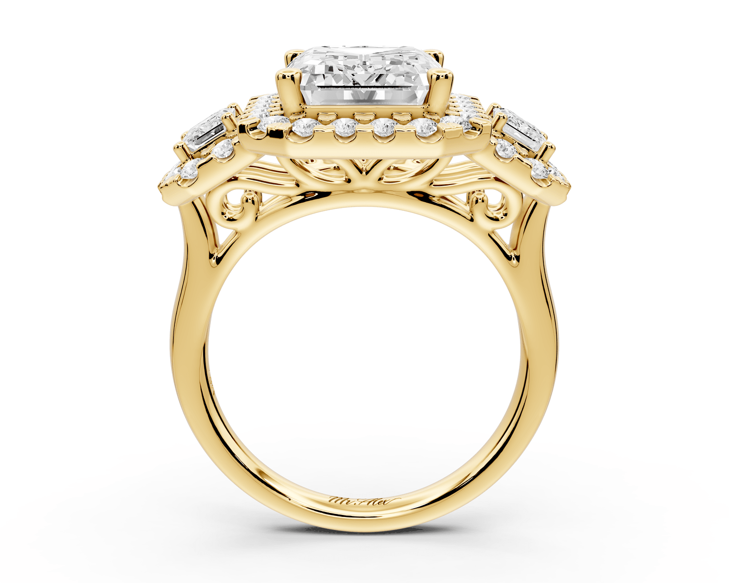 Iris - 5ct 18k yellow gold Three stone emerald Halo engagement ring - Mr. Alex Jewelry