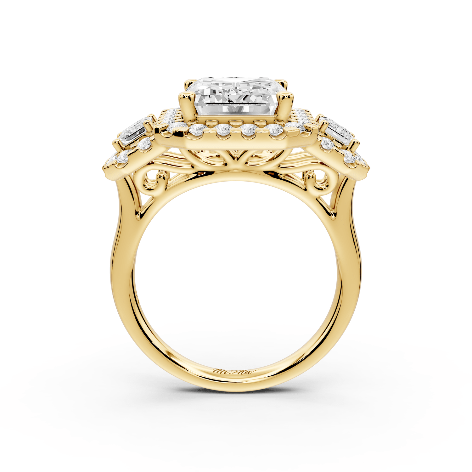 Iris - 5ct 18k yellow gold Three stone emerald Halo engagement ring - Mr. Alex Jewelry
