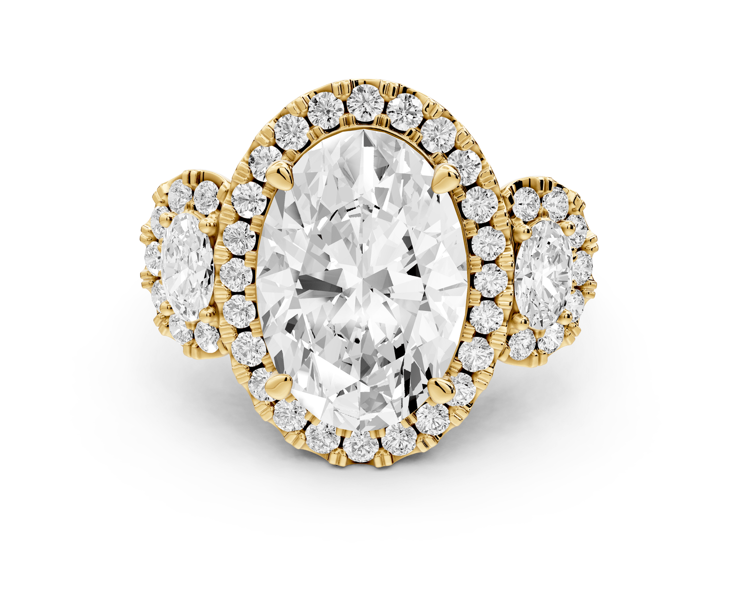 Iris - 5ct 18k yellow gold Three stone oval Halo engagement ring - Mr. Alex Jewelry