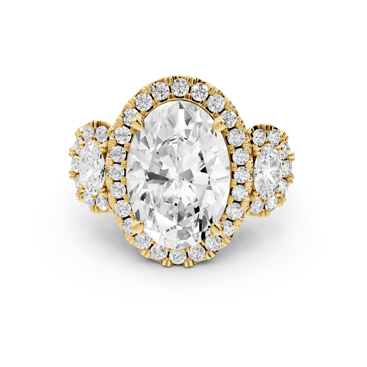 Iris - 5ct 18k yellow gold Three stone oval Halo engagement ring - Mr. Alex Jewelry
