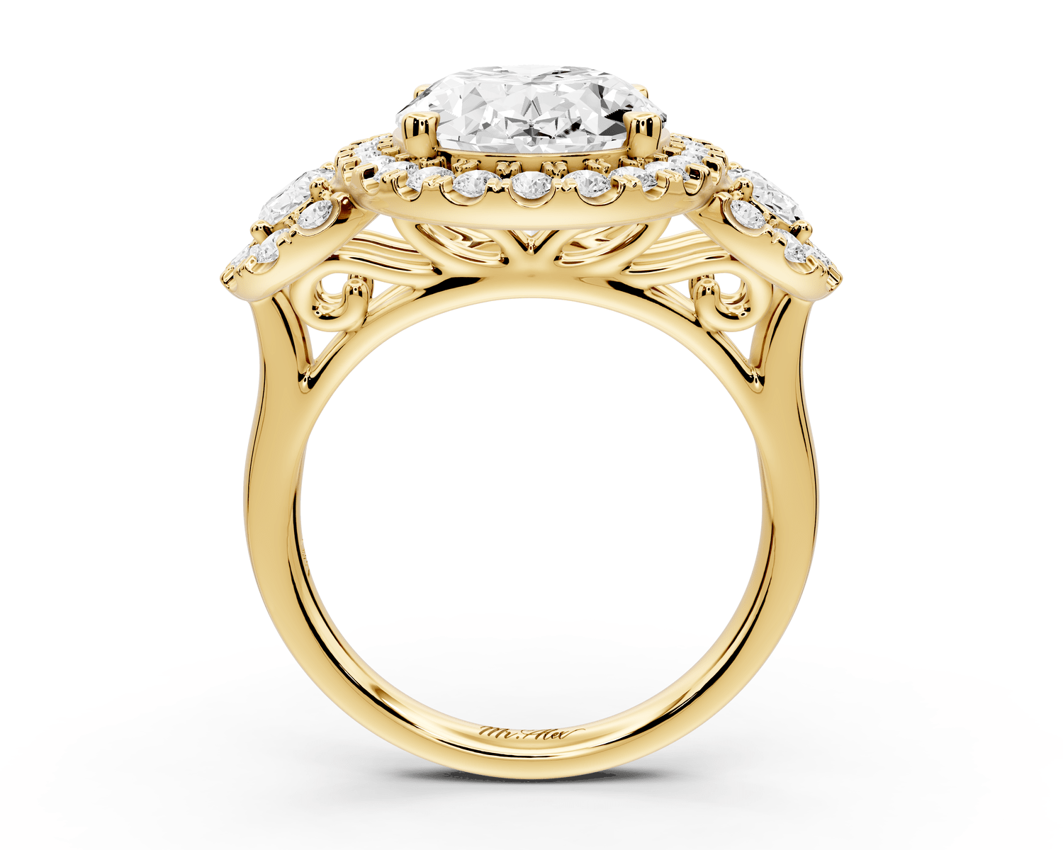 Iris - 5ct 18k yellow gold Three stone oval Halo engagement ring - Mr. Alex Jewelry