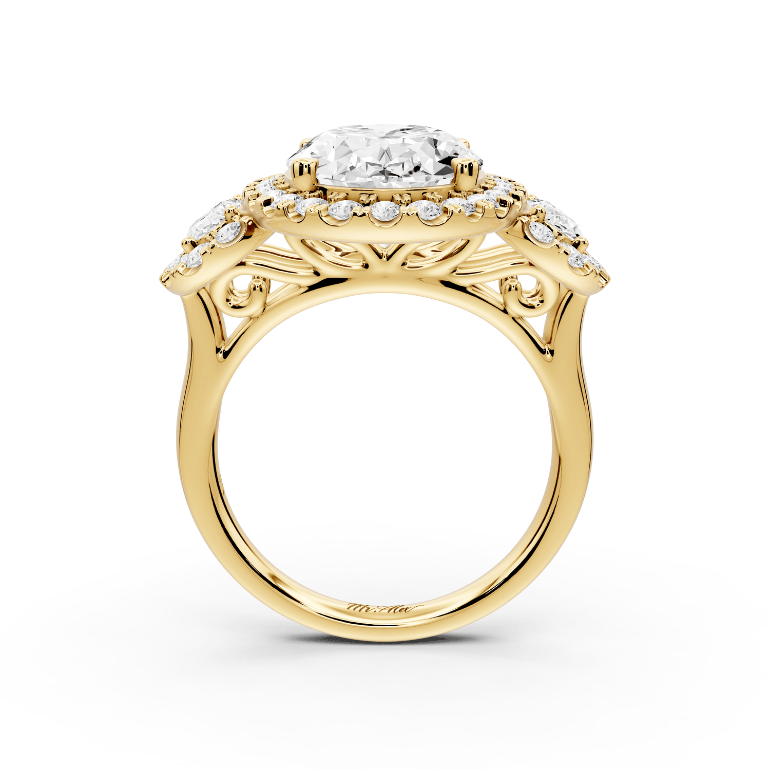 Iris - 5ct 18k yellow gold Three stone oval Halo engagement ring - Mr. Alex Jewelry