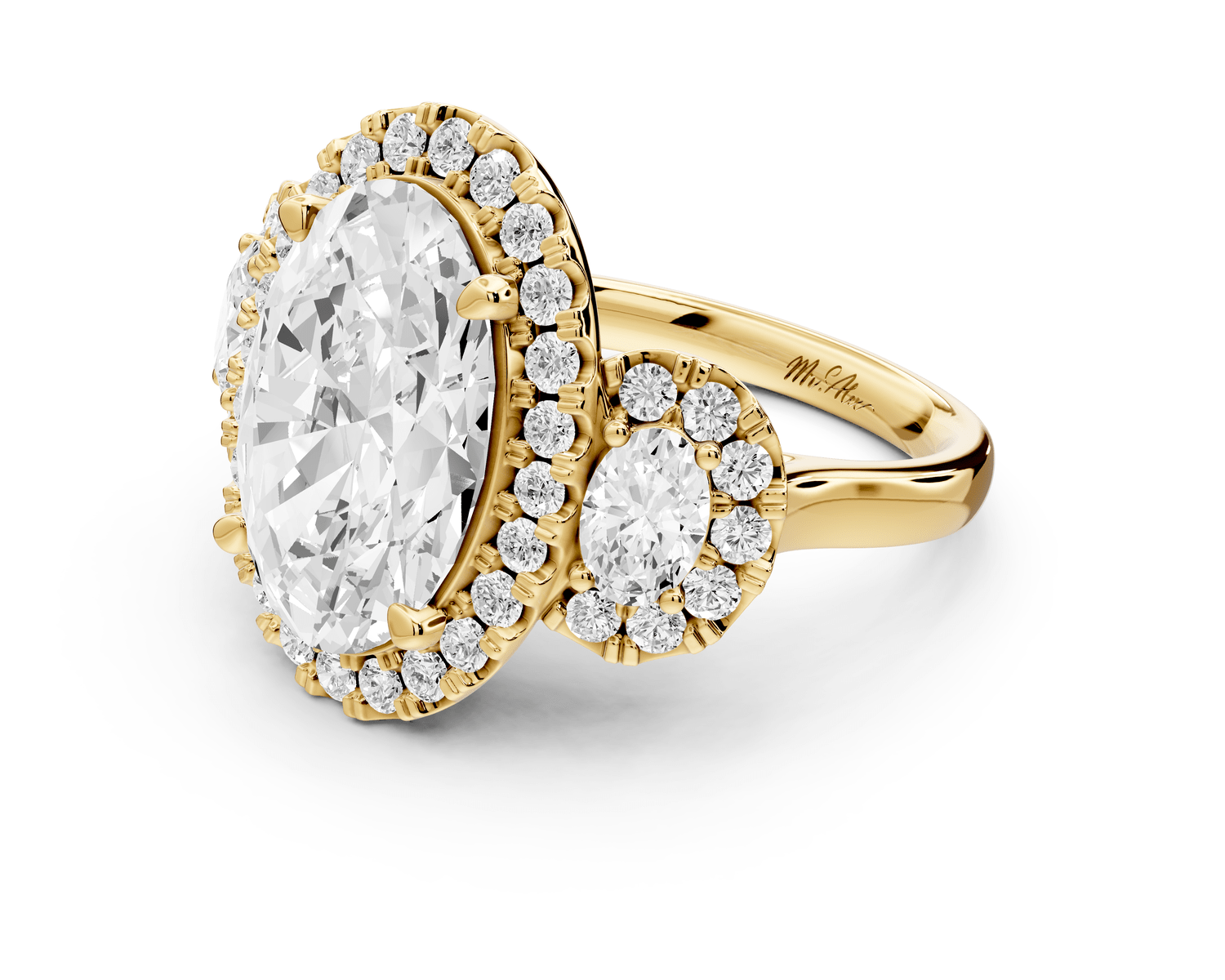 Iris - 5ct 18k yellow gold Three stone oval Halo engagement ring - Mr. Alex Jewelry