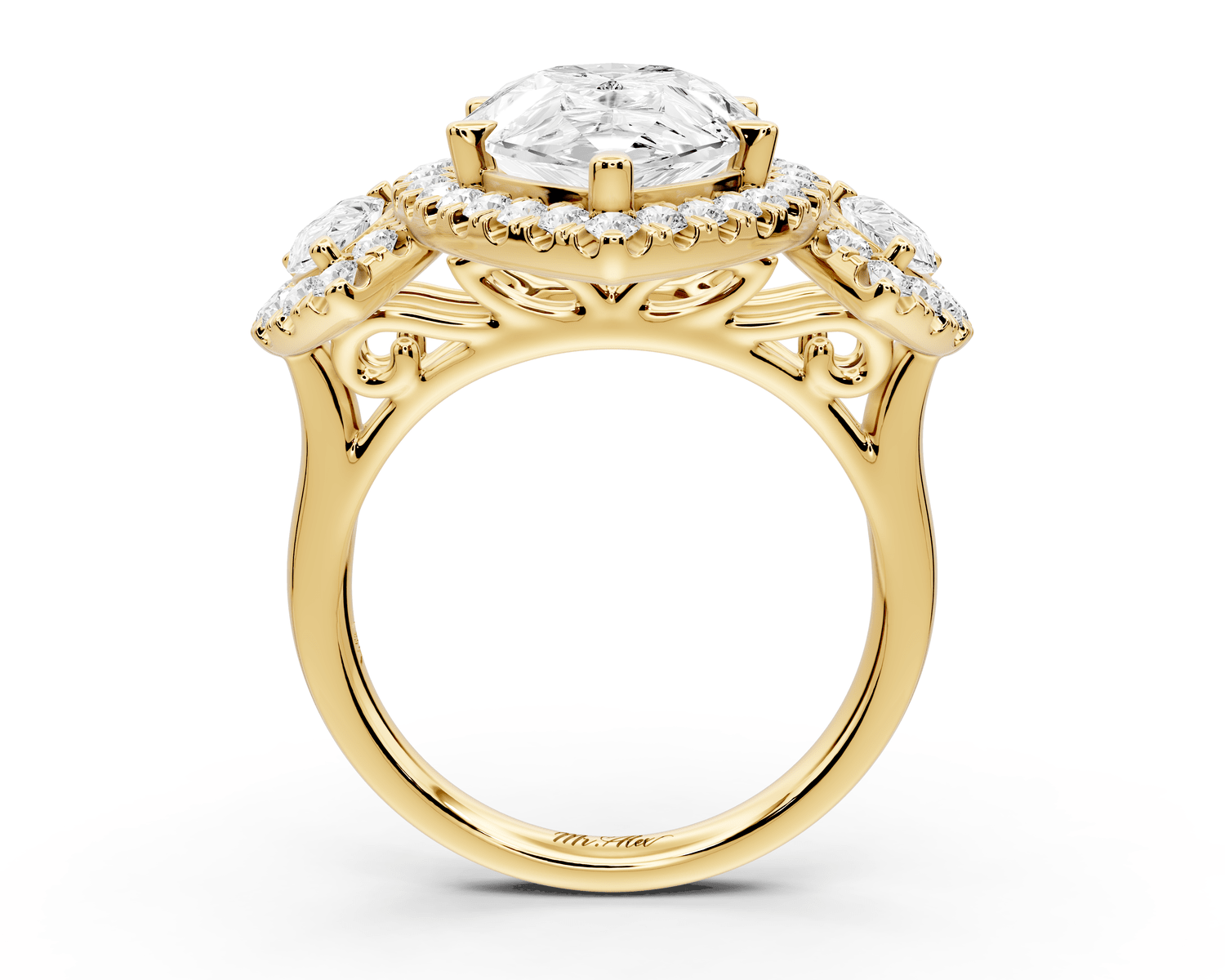 Iris - 5ct 18k yellow gold Three stone pear Halo engagement ring - Mr. Alex Jewelry