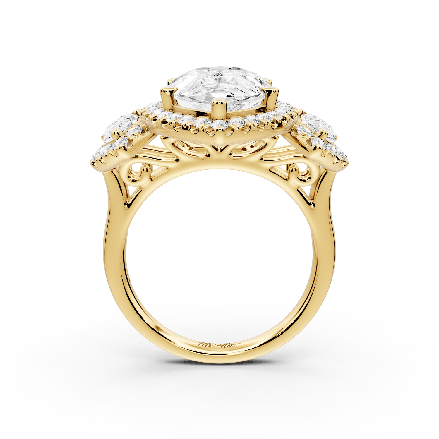 Iris - 5ct 18k yellow gold Three stone pear Halo engagement ring - Mr. Alex Jewelry