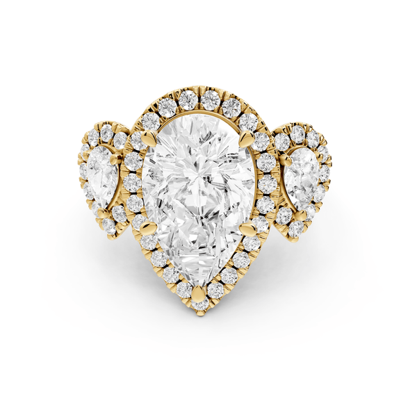 Iris - 5ct 18k yellow gold Three stone pear Halo engagement ring - Mr. Alex Jewelry