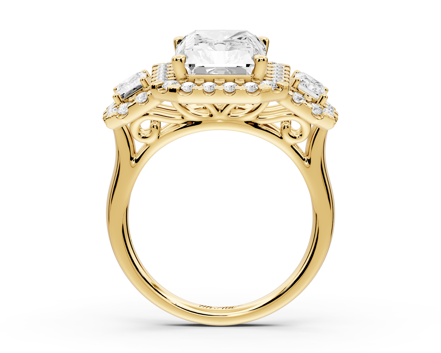Iris - 5ct 18k yellow gold Three stone radiant Halo engagement ring - Mr. Alex Jewelry