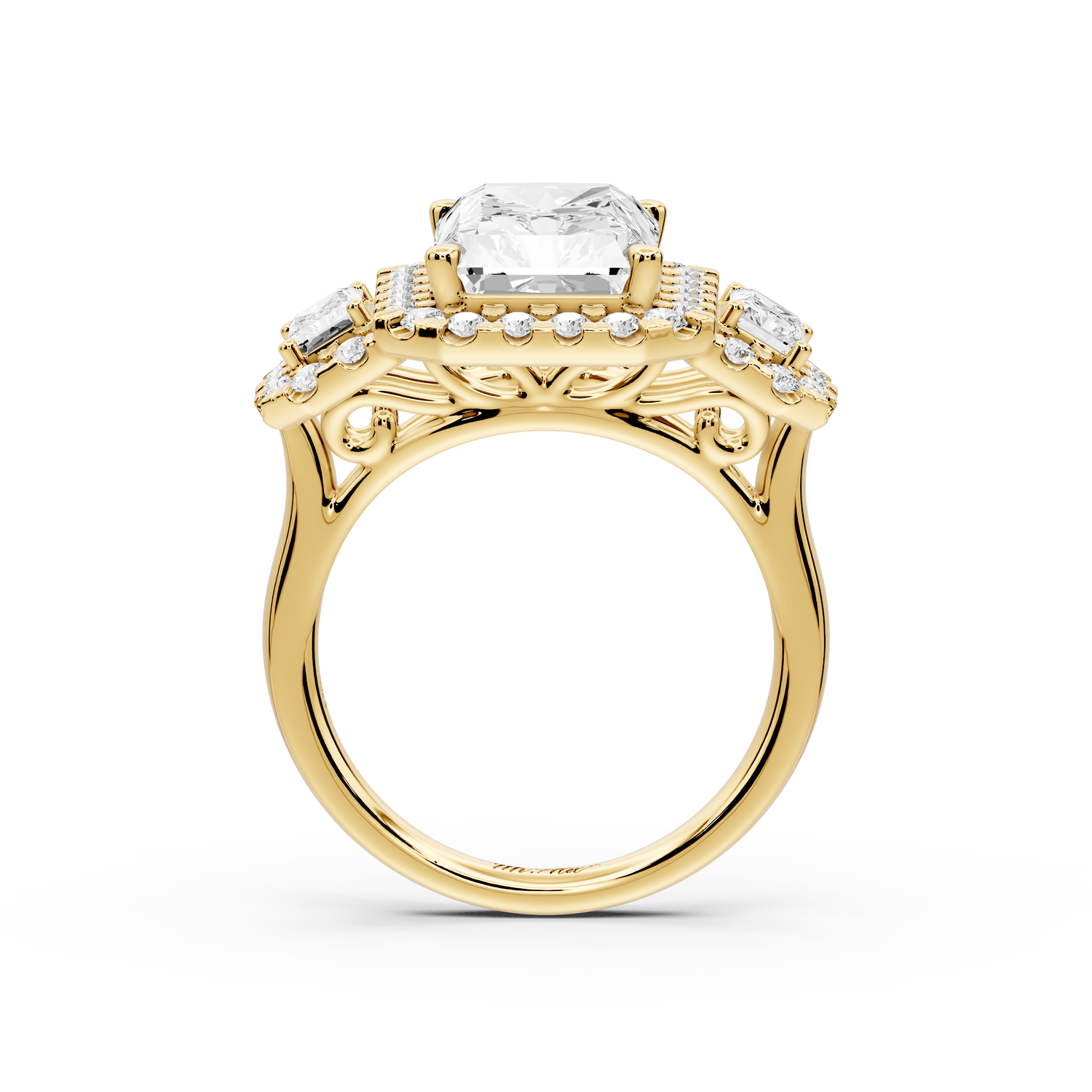 Iris - 5ct 18k yellow gold Three stone radiant Halo engagement ring - Mr. Alex Jewelry