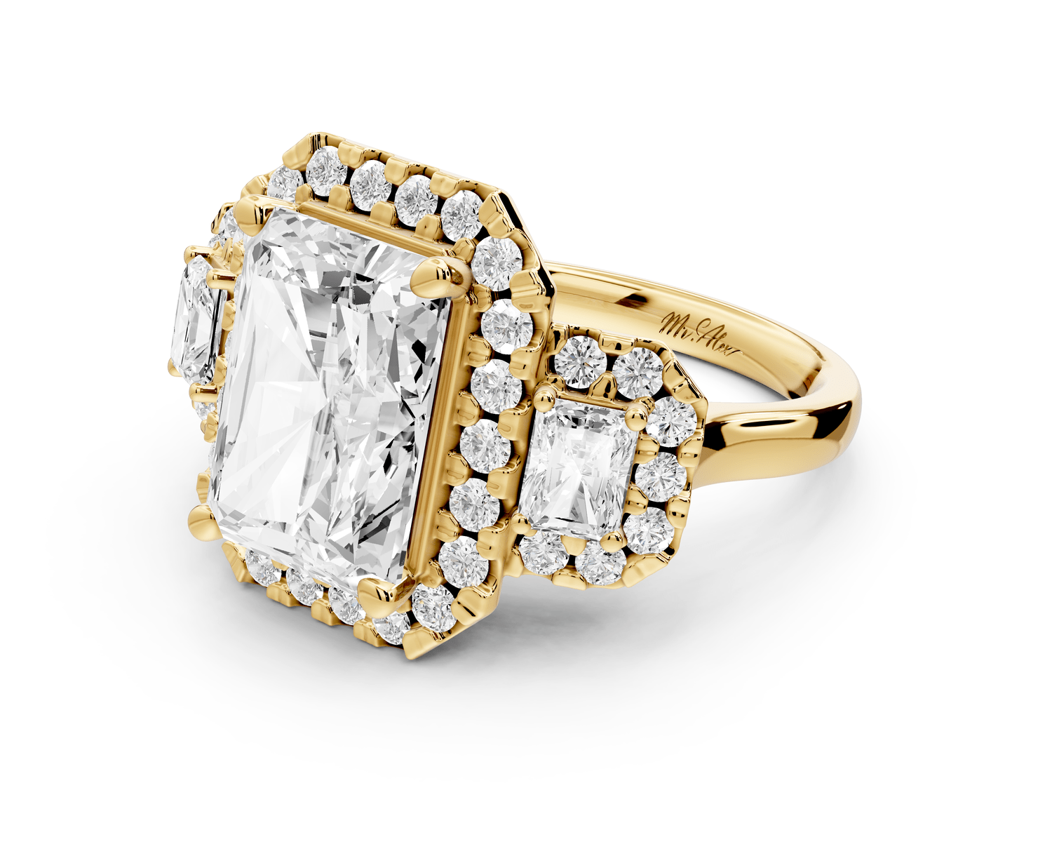 Iris - 5ct 18k yellow gold Three stone radiant Halo engagement ring - Mr. Alex Jewelry
