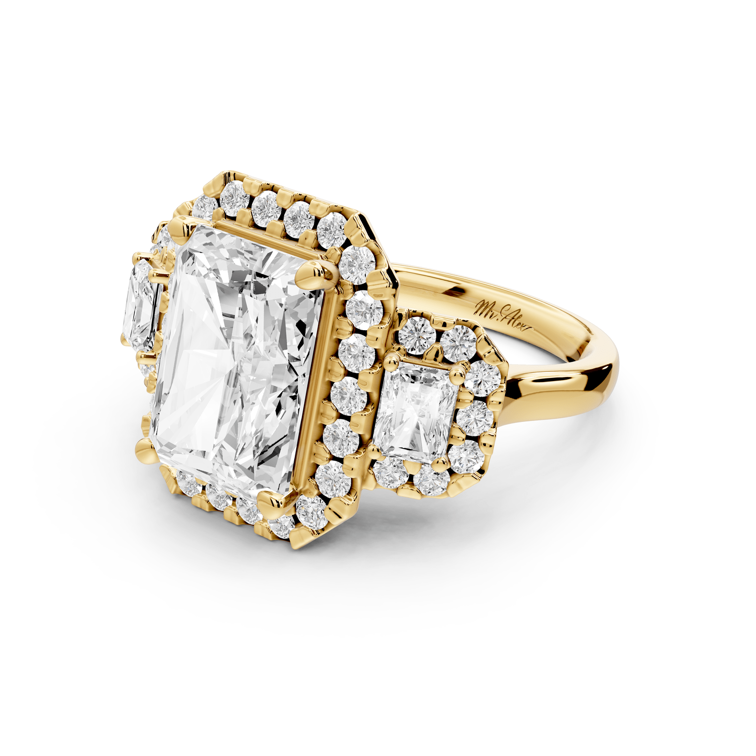 Iris - 5ct 18k yellow gold Three stone radiant Halo engagement ring - Mr. Alex Jewelry