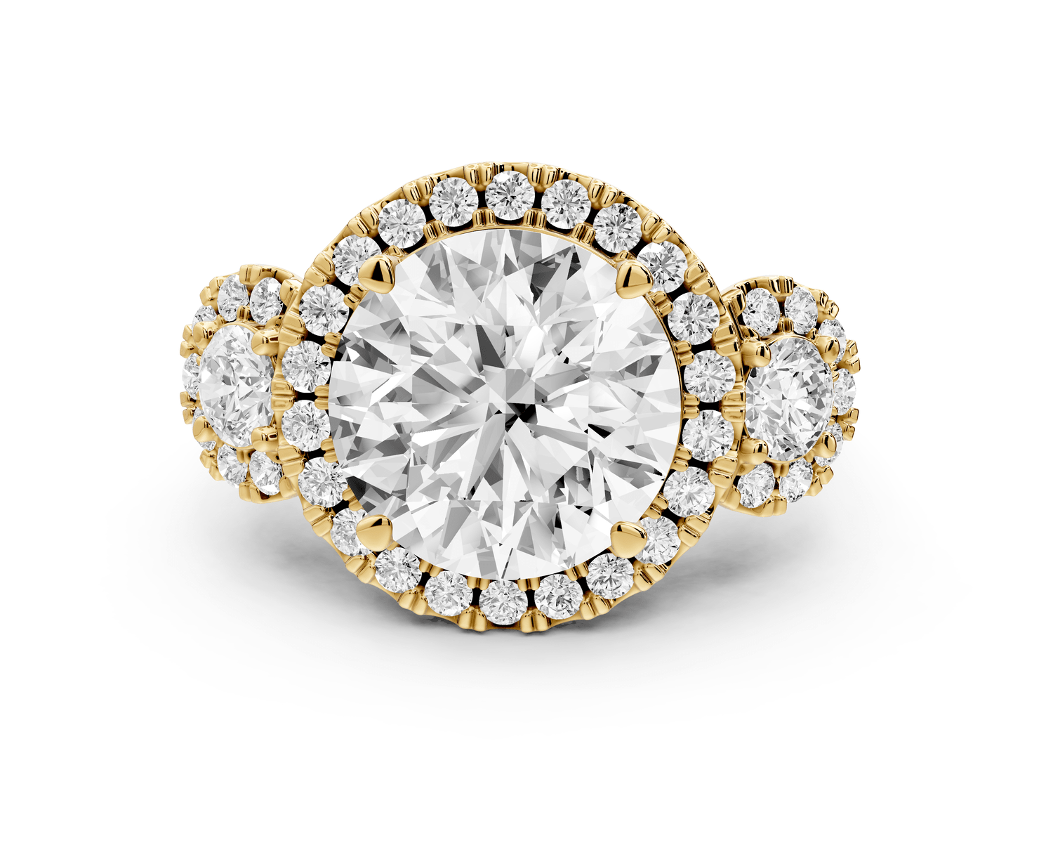 Iris - 5ct 18k yellow gold Three stone round Halo engagement ring - Mr. Alex Jewelry