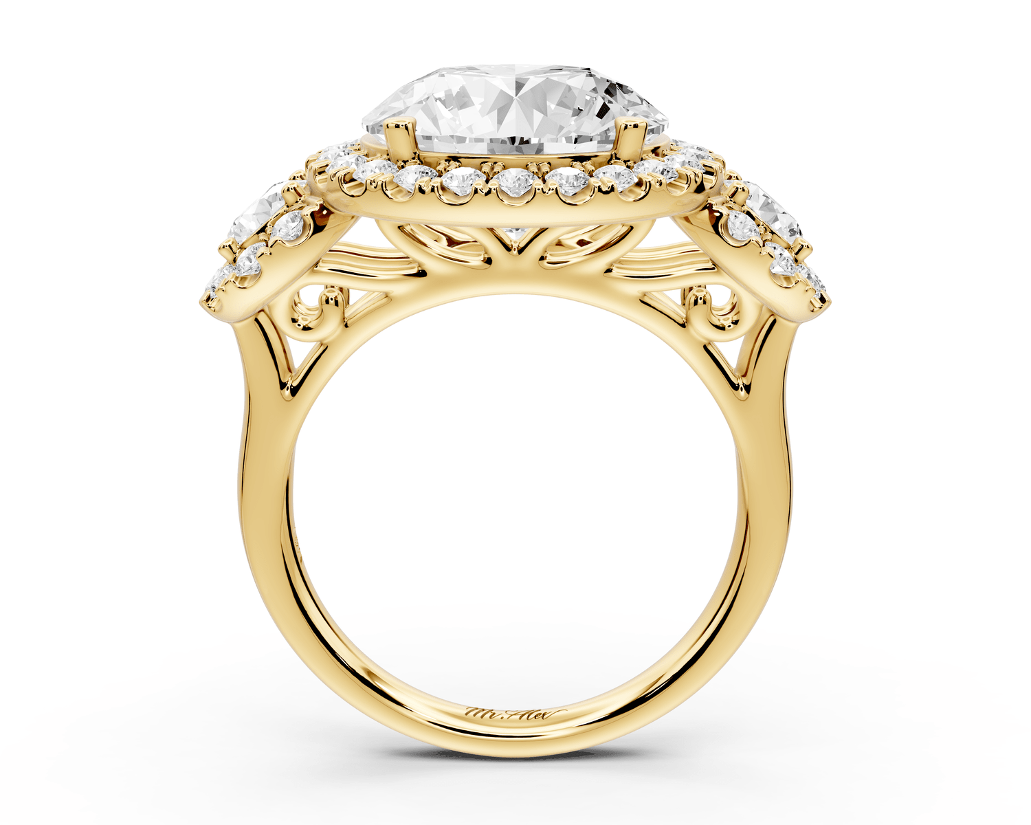 Iris - 5ct 18k yellow gold Three stone round Halo engagement ring - Mr. Alex Jewelry