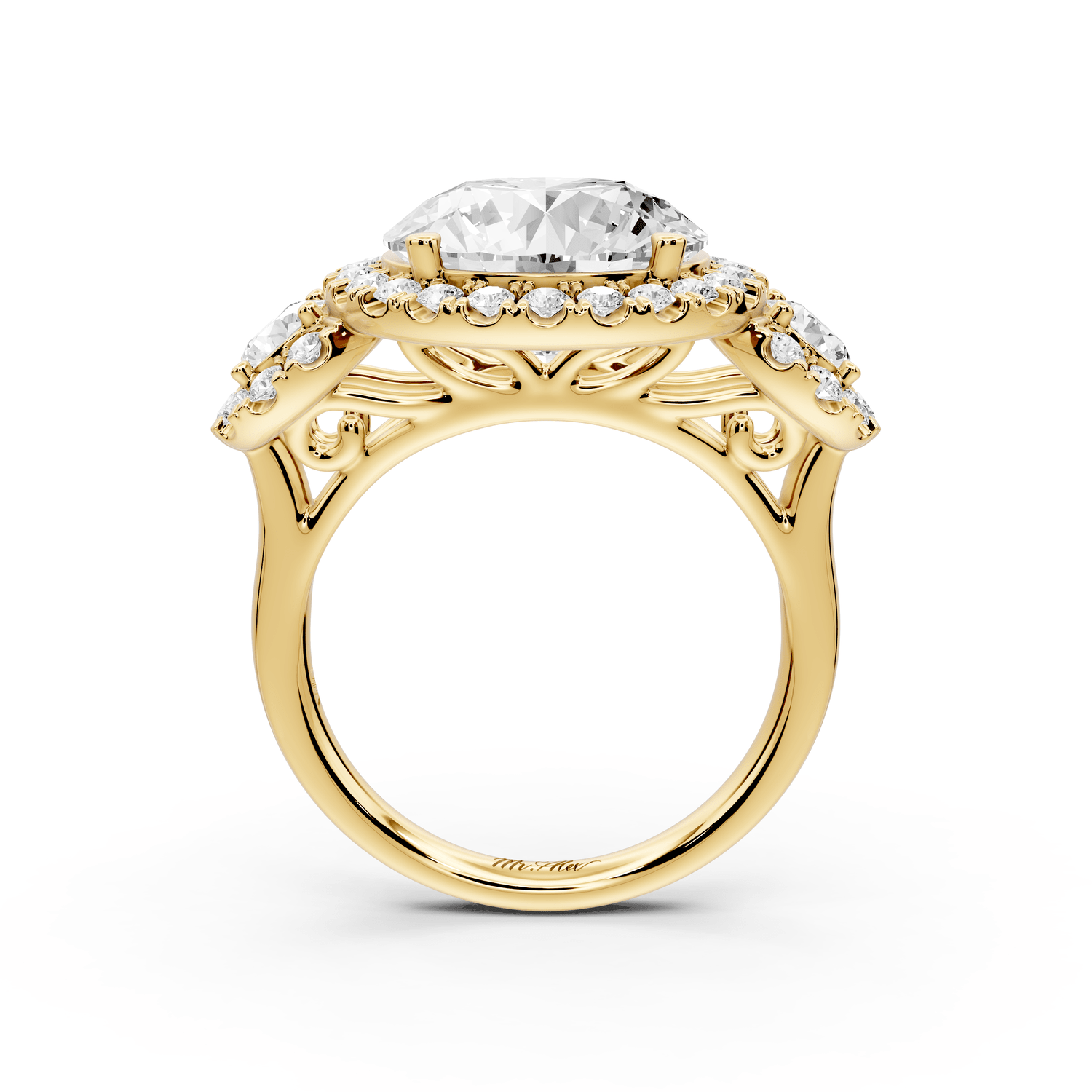 Iris - 5ct 18k yellow gold Three stone round Halo engagement ring - Mr. Alex Jewelry